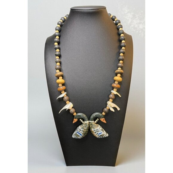 Vintage Handmade Beaded Necklace Carved Wood Duck Pendants -261 - Picture 1 of 2